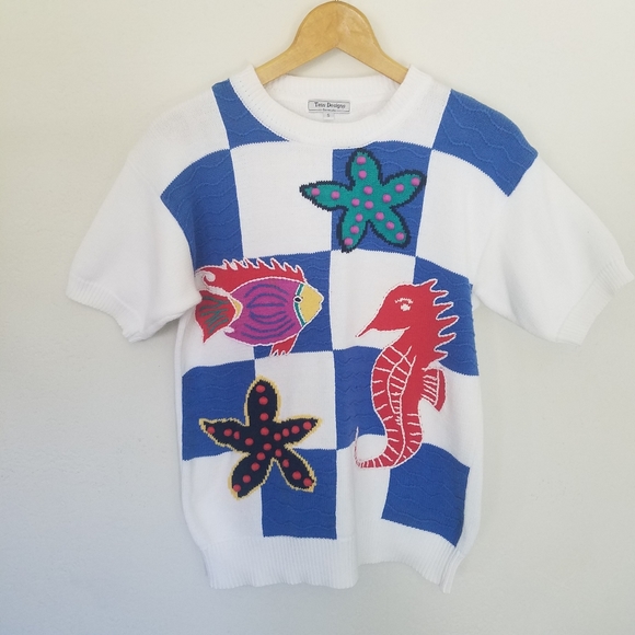 Vintage Fish Beach Sweater Blouse Sz Small Knit 3D Pom Pom Tess Designs Bermuda - Picture 6 of 16